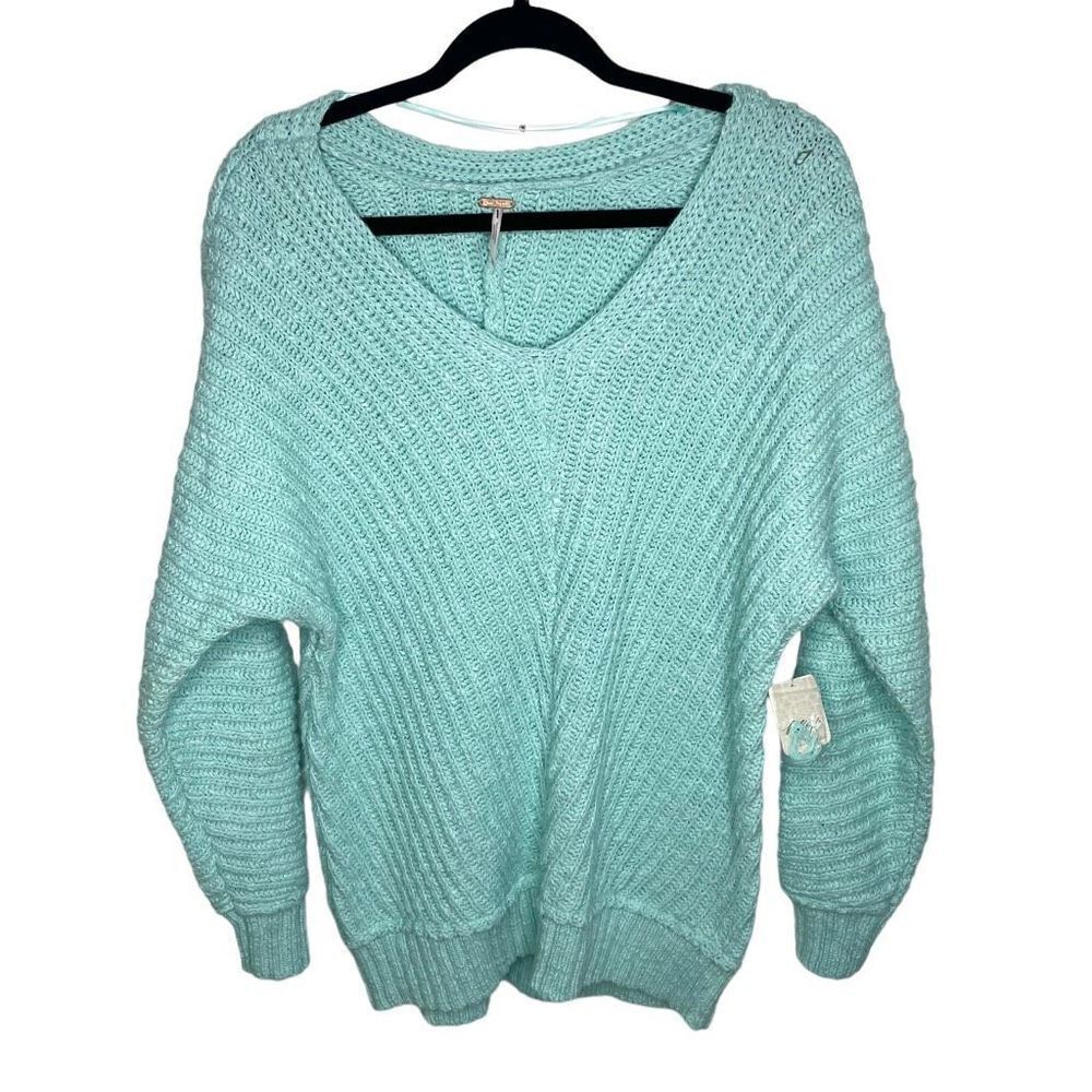 NWT Free People Oversized V-Neck Knit Sweater XS in Sea Sky Blue